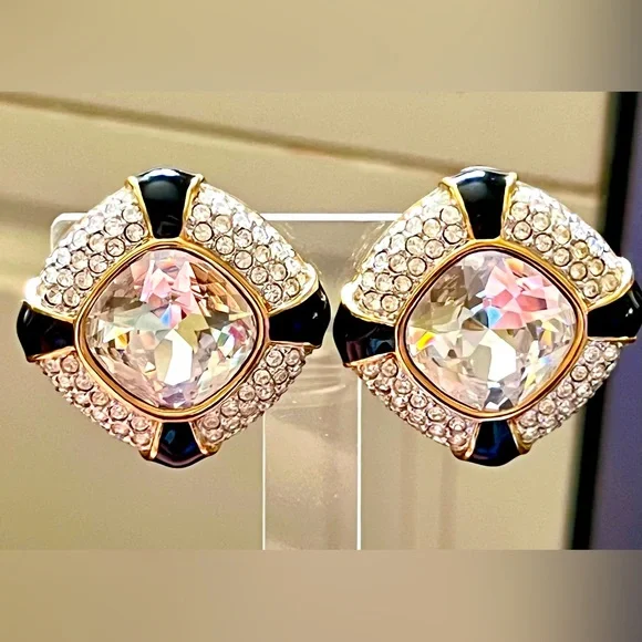 Swarovski Large Gold Plate Clip on Earrings Blk Enamel, Clear Crystal - Picture 3 of 8